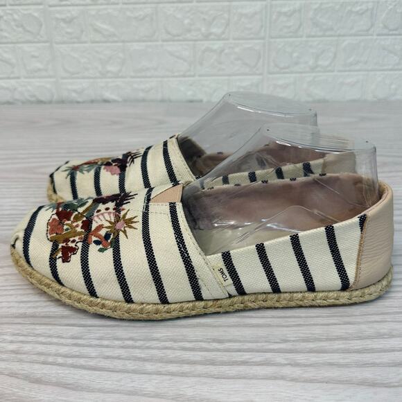 Toms Alpargata Rope Espadrilles Loafer WMNS 8.5 Blue Striped Floral Embroidered - Picture 6 of 11
